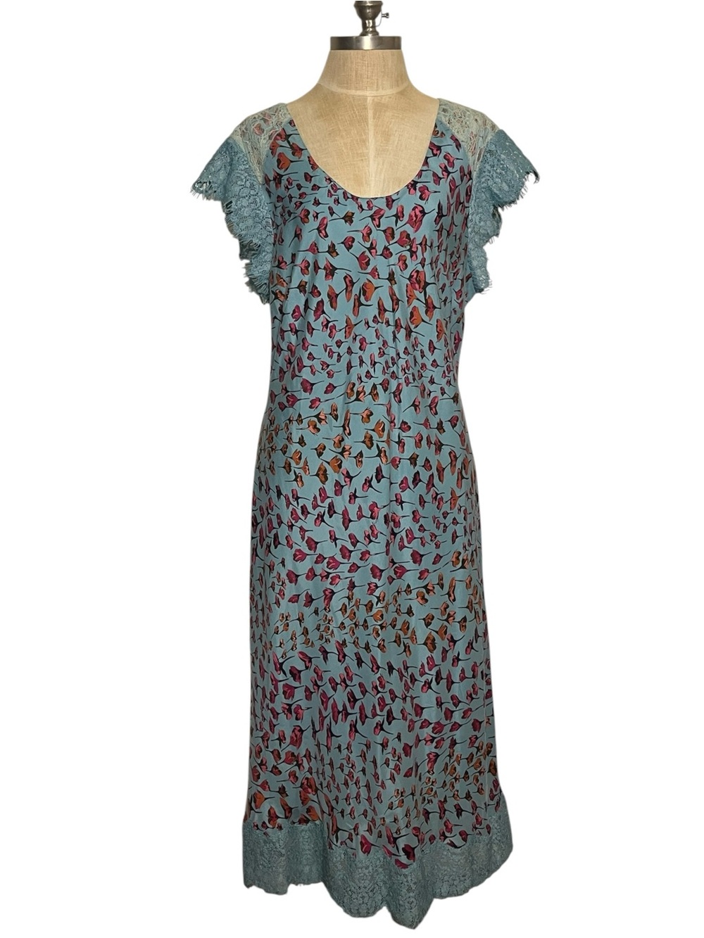 Sundance Silk Bias Cut Floral Lace Midi Dress Blue Size 16